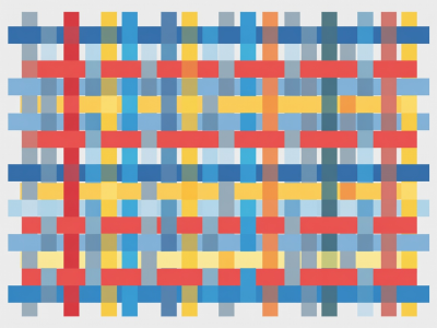 Flat vector diagram showing two photographs sliced into strips and woven in an over-one under-one twill pattern