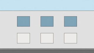 Flat vector study showing a complete three-by-two architectural facade with sky and street margin